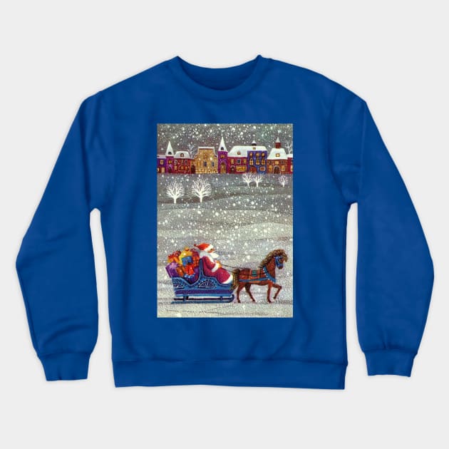 Vintage Santa Claus with Sleigh and Village Crewneck Sweatshirt by MasterpieceCafe